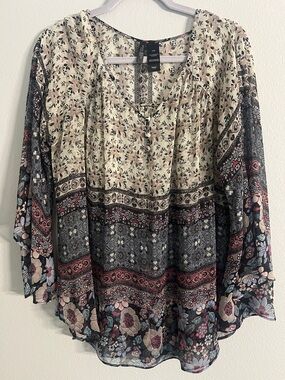 Bisou Bisou Cream Multi Floral Patchwork Blouse